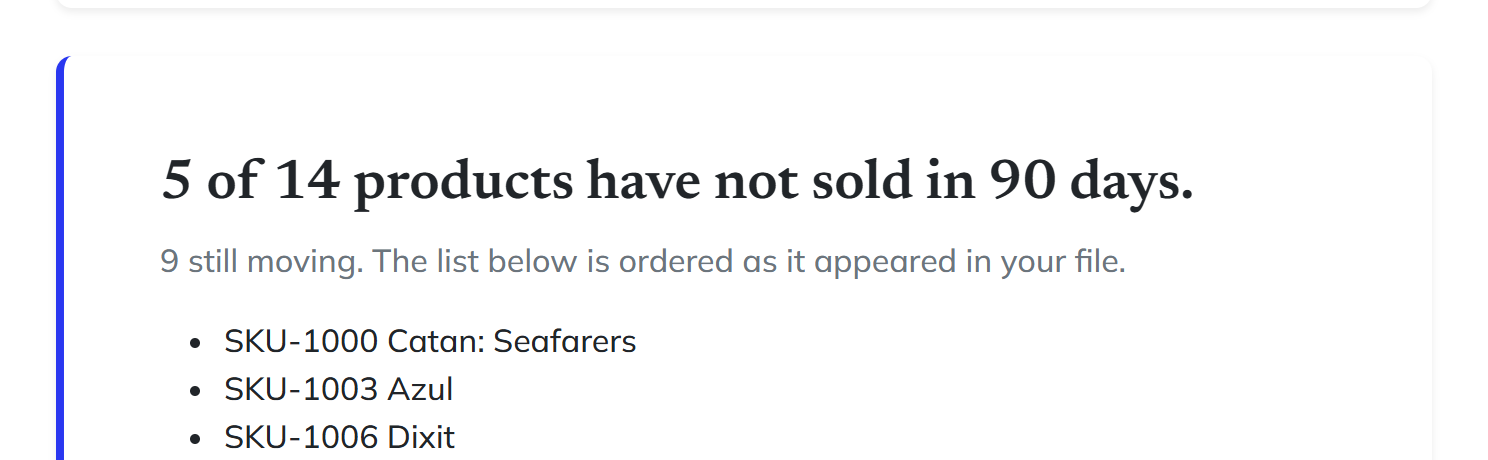 The free check, showing five of fourteen products flagged as not sold in 90 days.